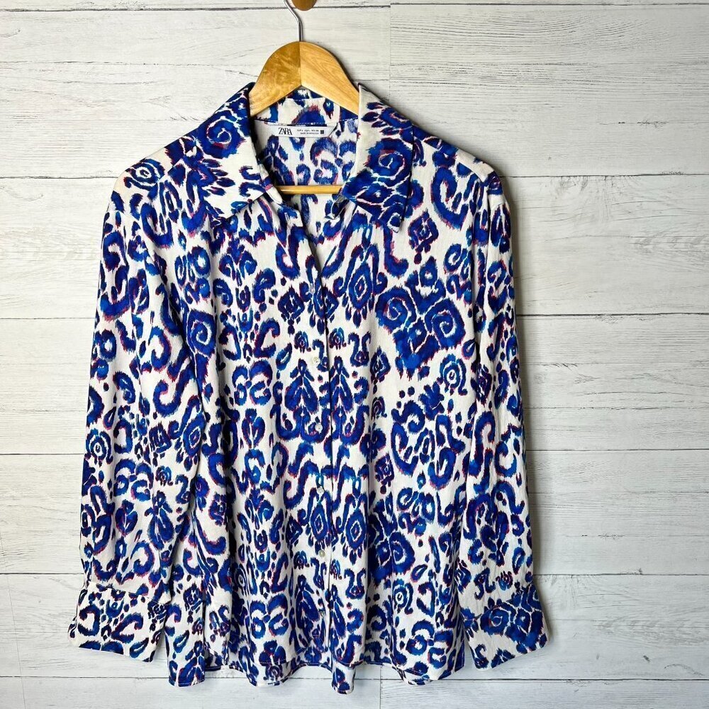 Zara Blouse Womens Size Large Tribal Puma Pattern Tunic Magali Shirt Colorful - Picture 3 of 14